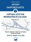 imagen de A-339 (km 26-27) cortada en Priego de Córdoba hasta el 12/6; usar Av. Granada o Camino de los Prados