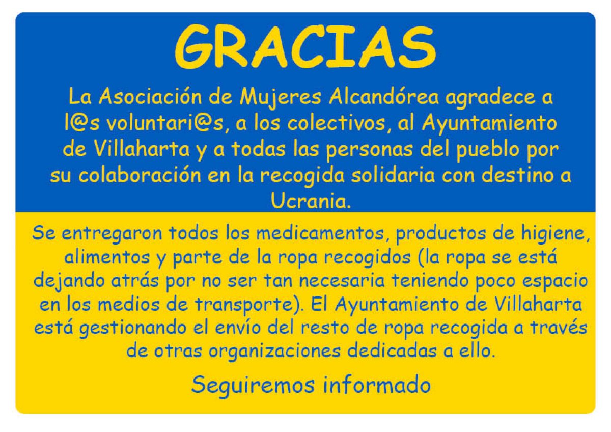 "Agradecimiento y distribución solidaria: La Asociación de Mujeres Alcandórea une esfuerzos con comunidad de Villaharta para apoyar a Ucrania"