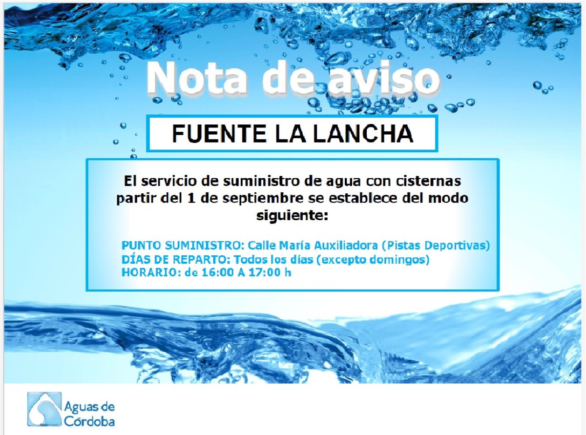 NUEVO HORARIO DE SUMINISTRO DE AGUA EN CISTERNA