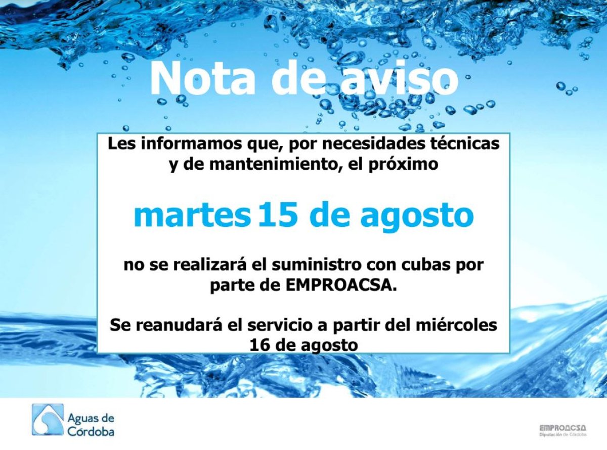 INTERRUPCIÓN SERVICIO CISTERNA SUMINISTRO AGUA DÍA 15-08-2023