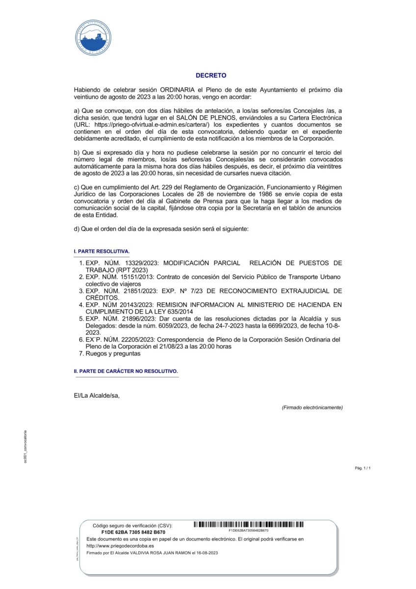 Próximo Pleno convocado para el 21 de agosto de 2023, Síguelo en Directo