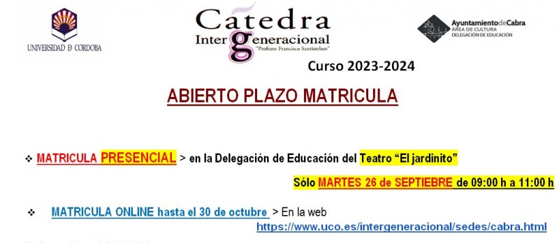 ABIERTO PLAZO MATRICULA CÁTEDRA INTERGENERACIONAL 2023/24