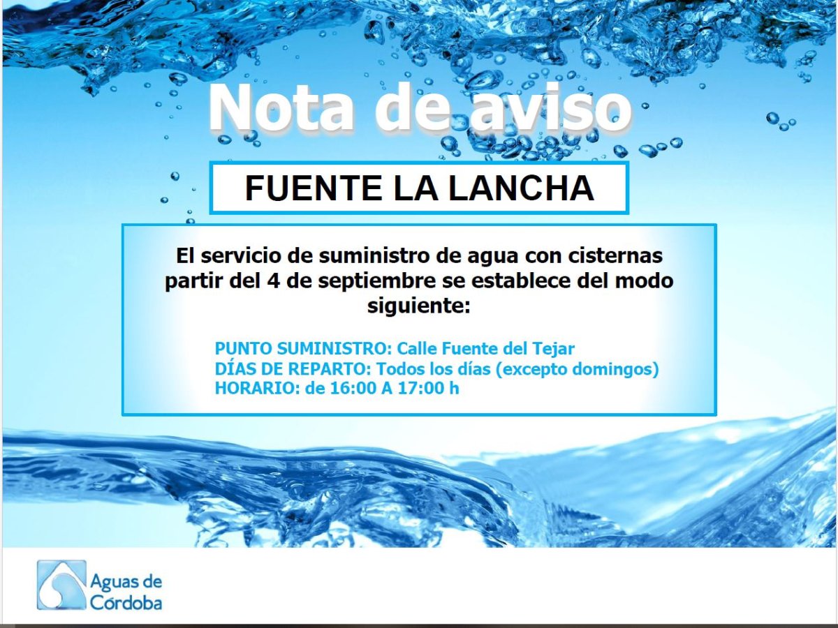 NUEVA UBICACIÓN DE LA CISTERNA DE SUMINISTRO DE AGUA A PARTIR DEL DÍA 4 DE SEPTIEMBRE DE 2023