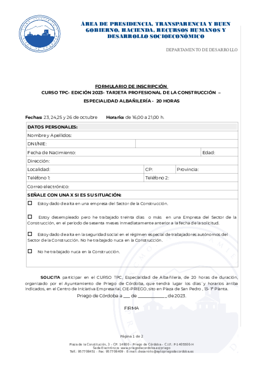 CURSO TPC – EDICIÓN 2023- TARJETA PROFESIONAL DE LA CONSTRUCCIÓN. ESPECIALIDAD ALBAÑILERÍA