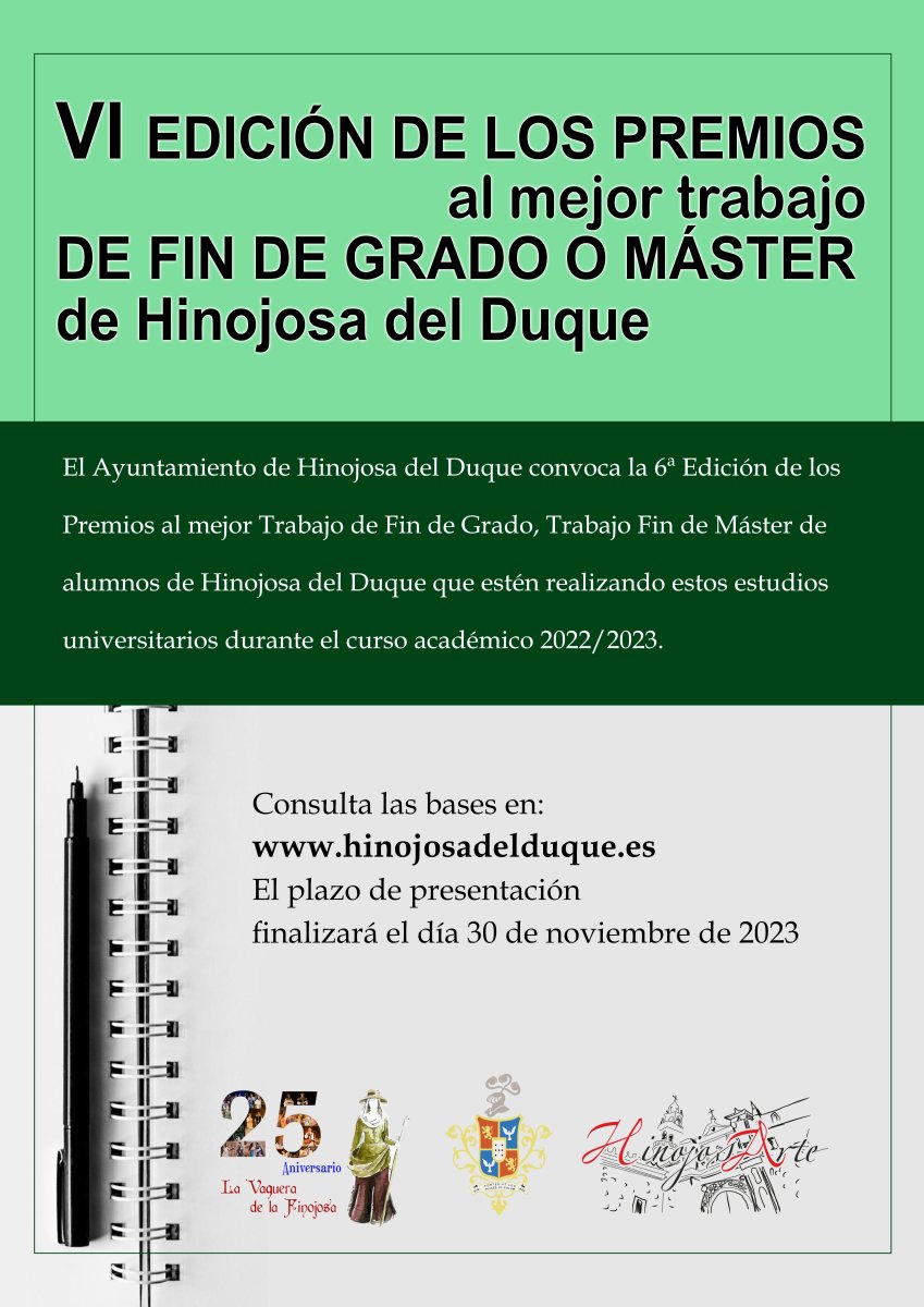 Ayuntamiento de Hinojosa del Duque anuncia la sexta edición de los Premios al Mejor Trabajo de Fin de Grado y Trabajo Fin de Máster para estudiantes universitarios.