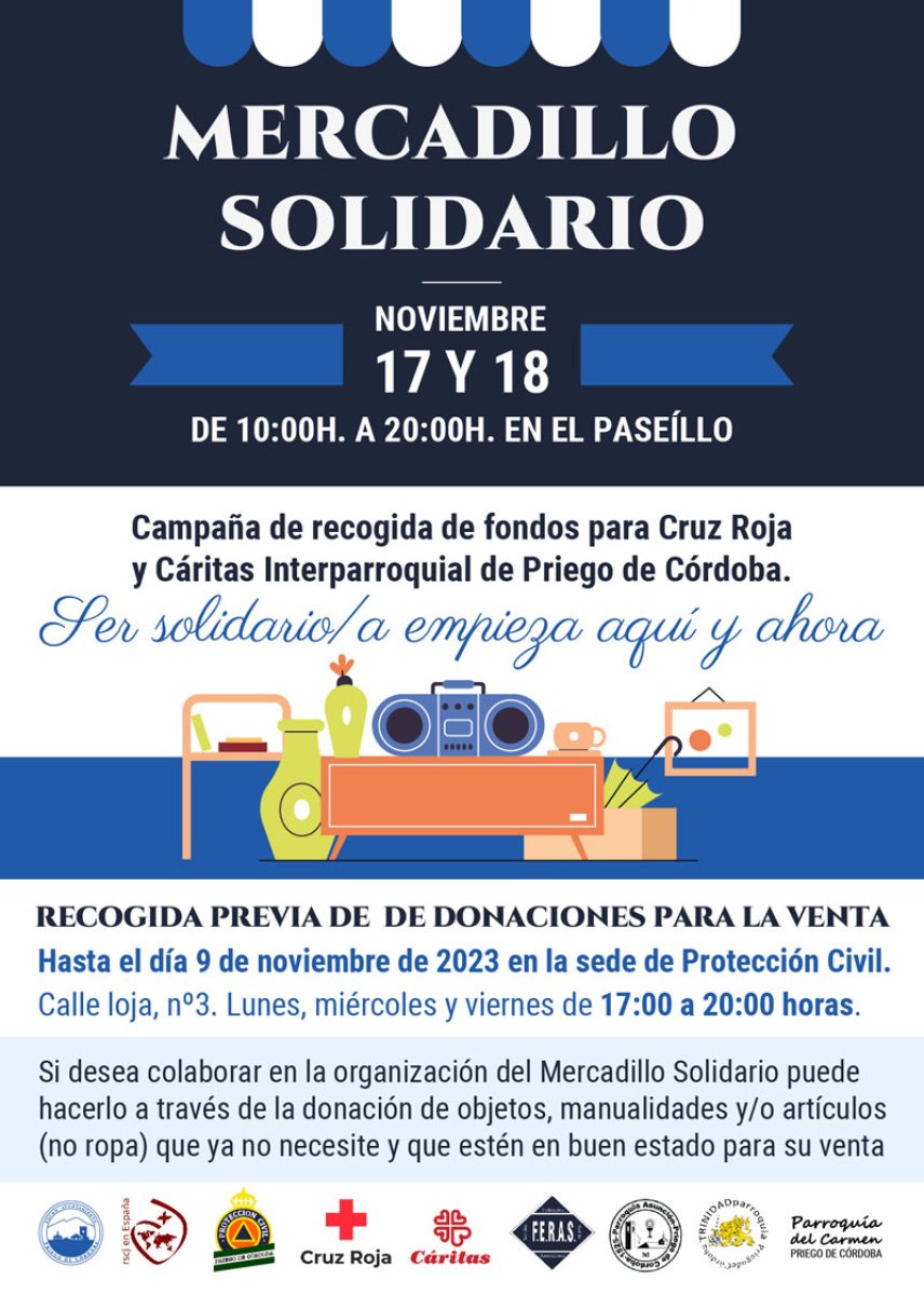 Mercadillo solidario, del 17 al 18 de noviembre. Recogida de donaciones hasta el 9 de noviembre.