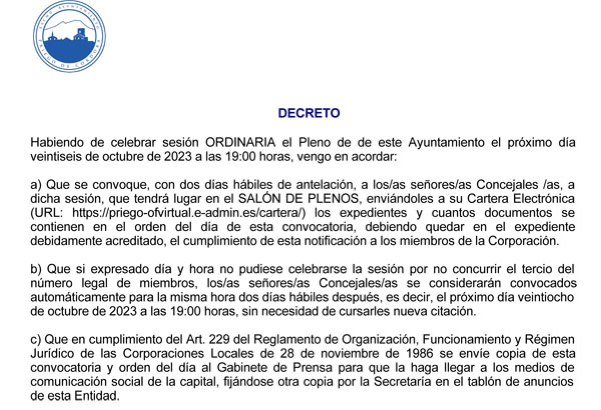 Próximo Pleno convocado para el 26 de octubre de 2023, Síguelo en Directo