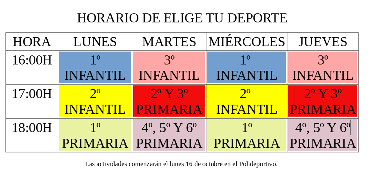 Horario de elige tu deporte
