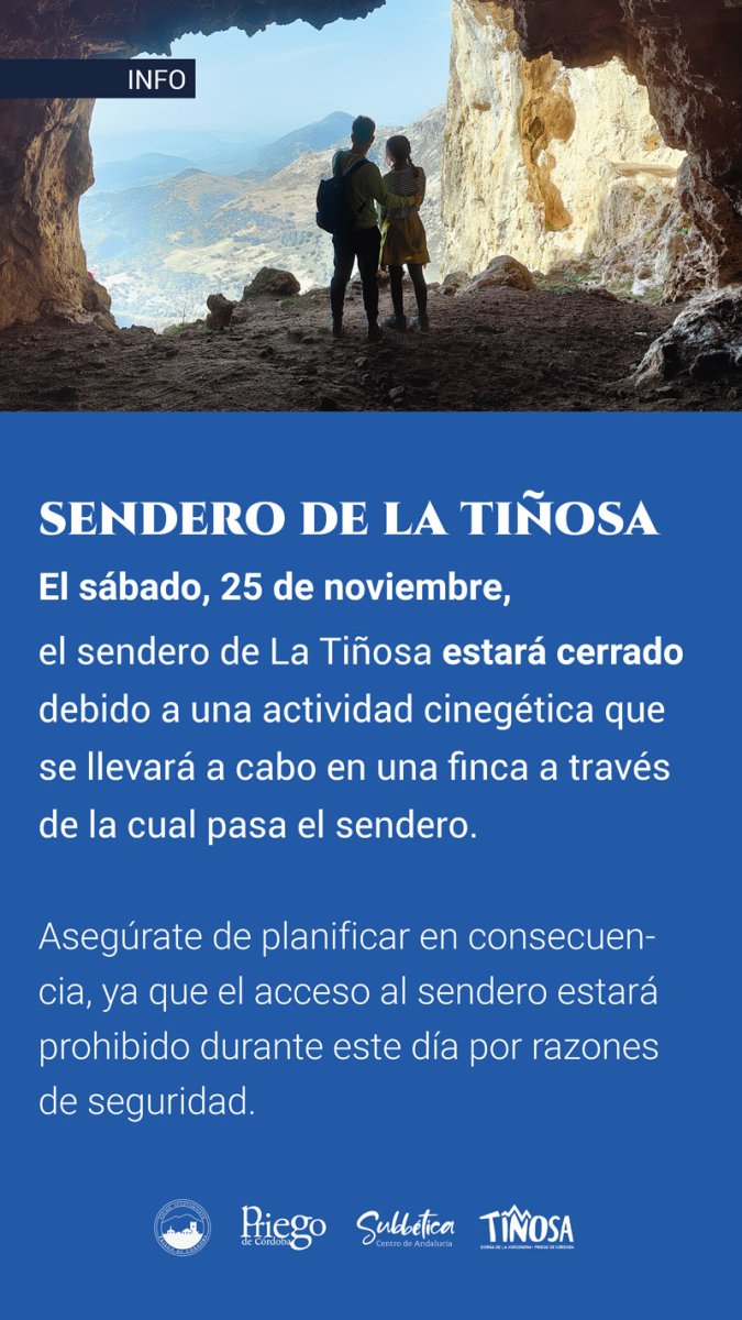 Cierre temporal del endero de la Tiñosa el próximo 25 de noviembre de 2023