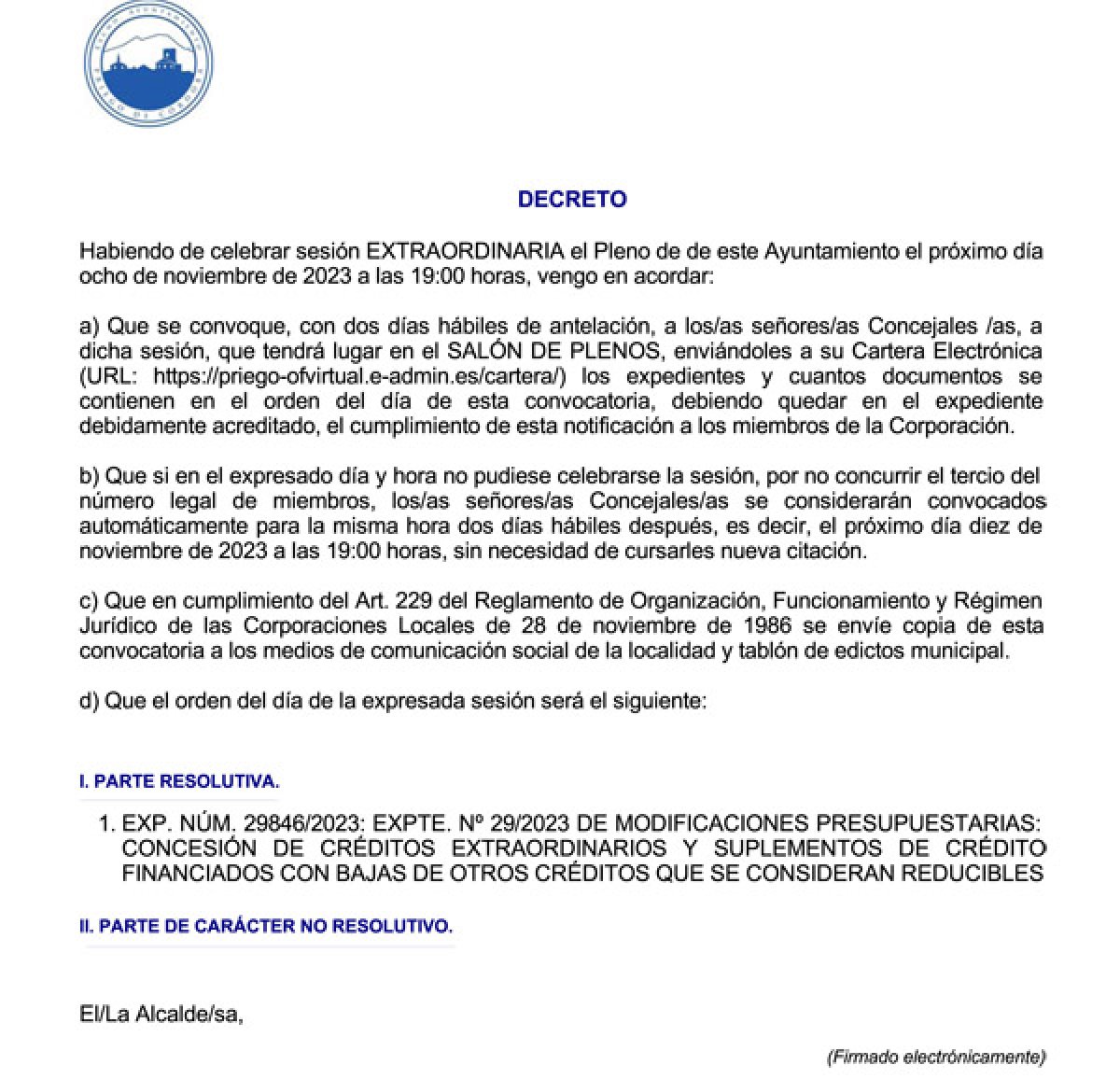 Próximo Pleno Extraordinario convocado para el 08 de noviembre de 2023