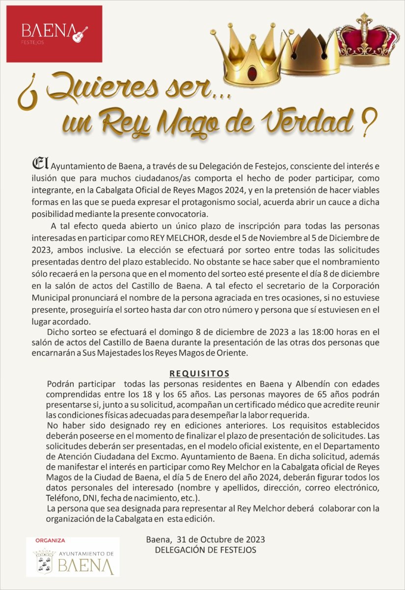 ¡Únete a la Cabalgata de Reyes Magos siendo el rey Melchor de Baena!