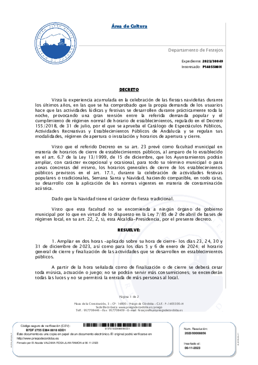 Decreto Ampliación Horario Comercial Navidad 2023