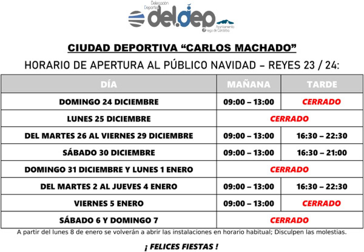 Horario Ciudad Deportiva Carlos Machado Navidad-Reyes 2023-2024