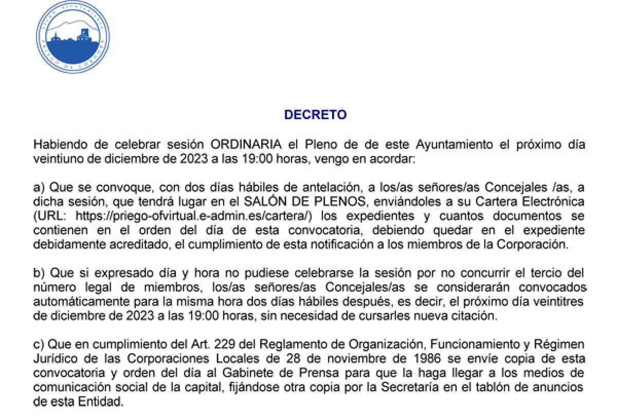 Próximo Pleno convocado para el 21 de diciembre de 2023, Síguelo en Directo