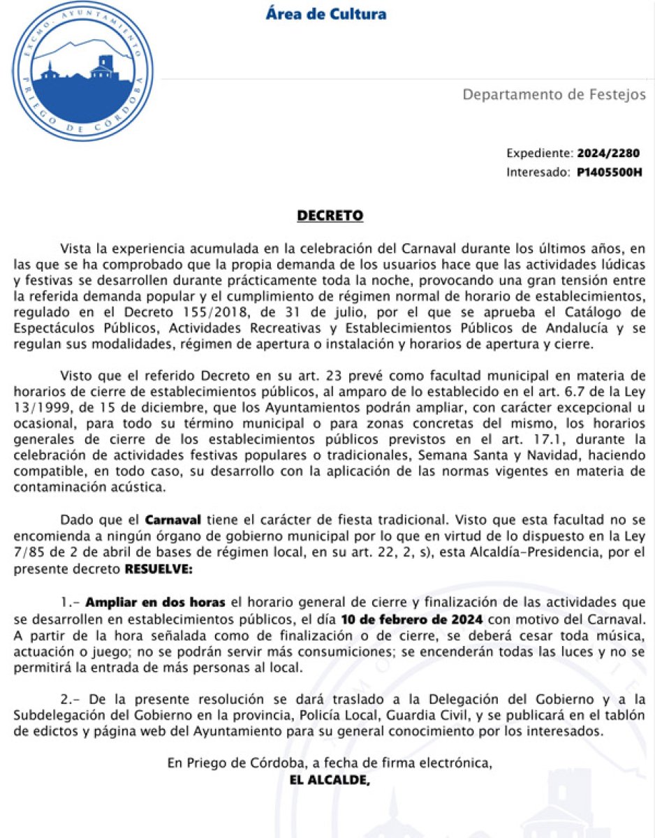 Decreto Ampliación Horario Comercial Carnaval 2024