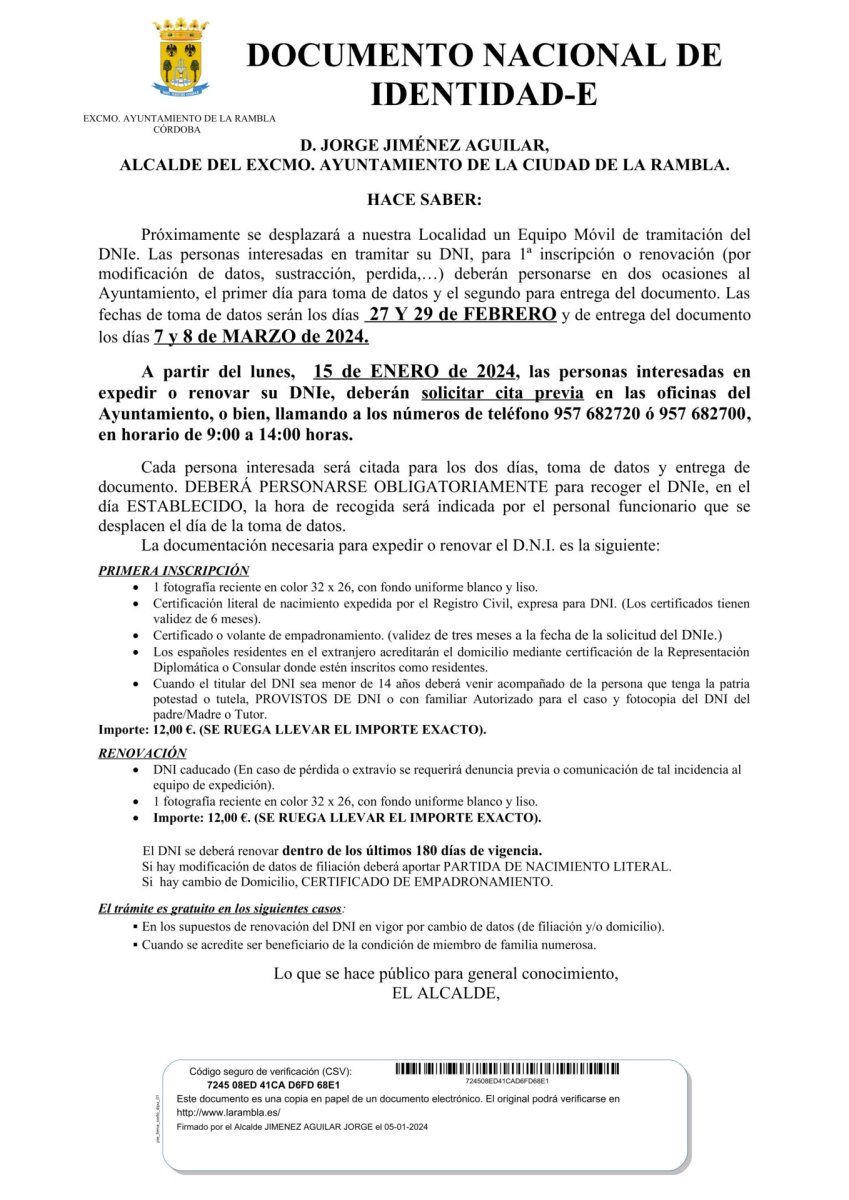 PRÓXIMAMENTE SE DESPLAZARÁ A NUESTRA LOCALIDAD UN EQUIPO MÓVIL PARA LA TRAMITACIÓN DEL D.N.I.