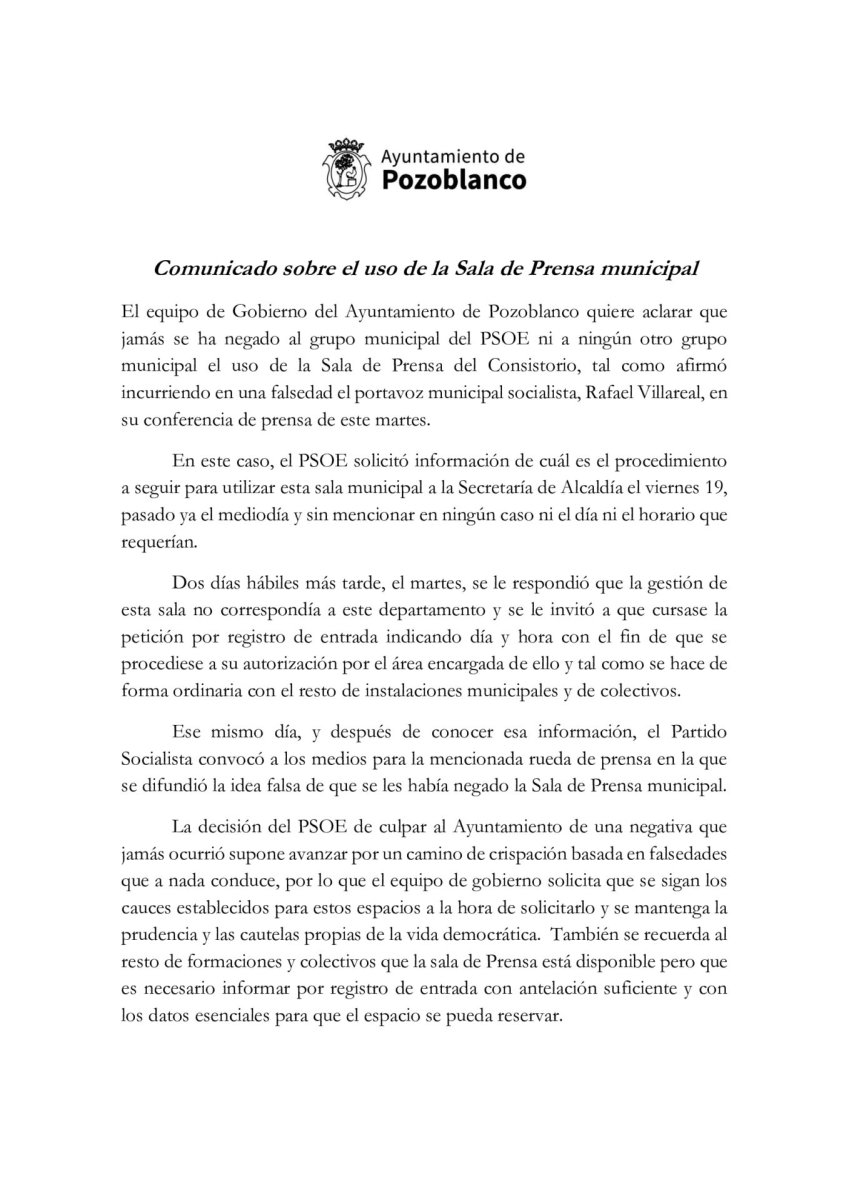 "Ayuntamiento de Pozoblanco aclara que nunca negó el uso de la Sala de Prensa al PSOE"