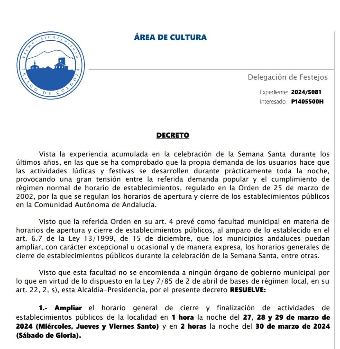 Decreto Ampliación Horario Cierre Establecimientos Públicos Semana Santa 2024