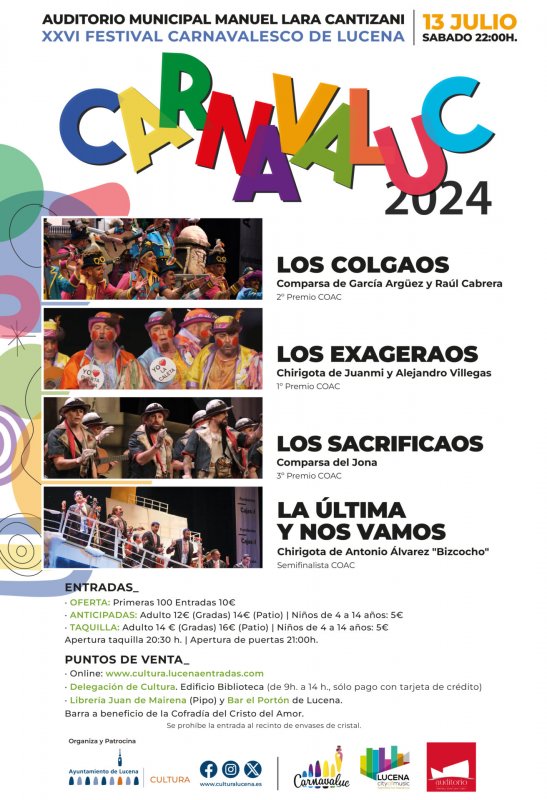 Carnavaluc regresa a Lucena este verano con actuaciones de grupos finalistas del COAC 2024.