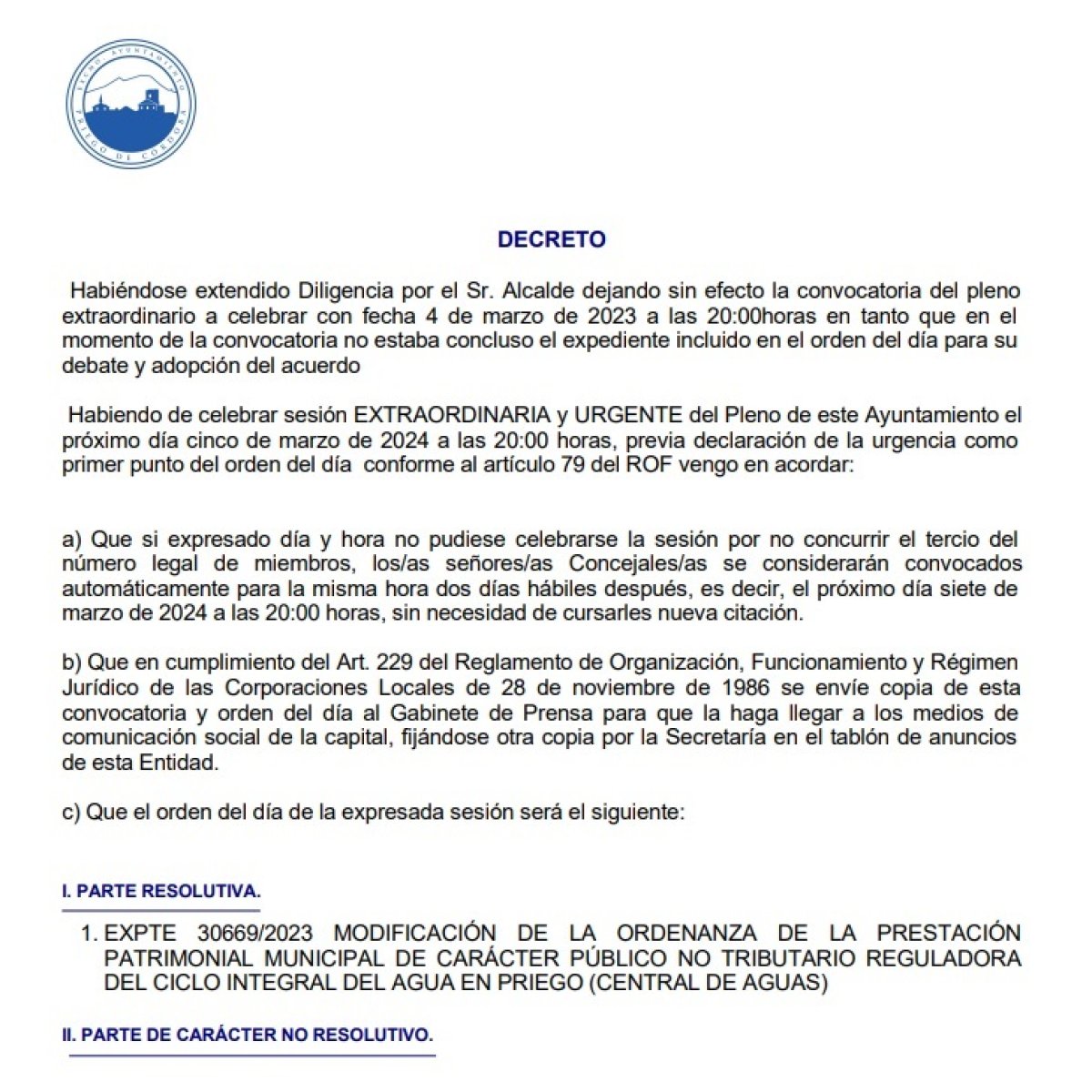 Próximo Pleno convocado para el 05 de marzo de 2024