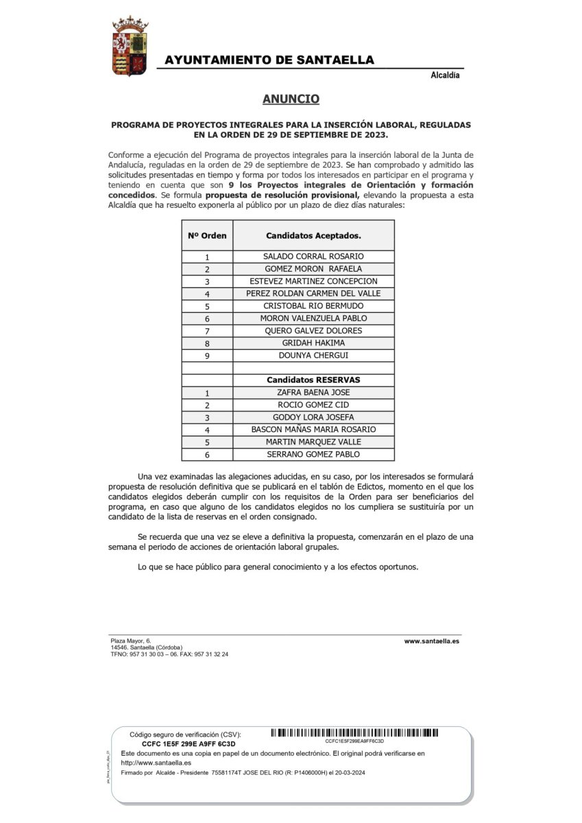 La Alcaldía de Santaella presenta propuesta de resolución para Programa de Inserción Laboral