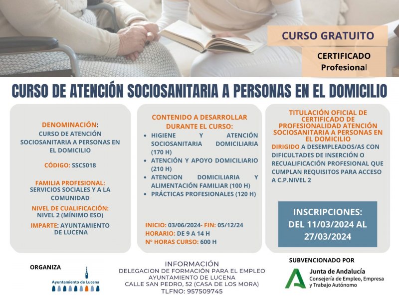 El Ayuntamiento de Lucena organiza curso gratuito de Atención Sociosanitaria