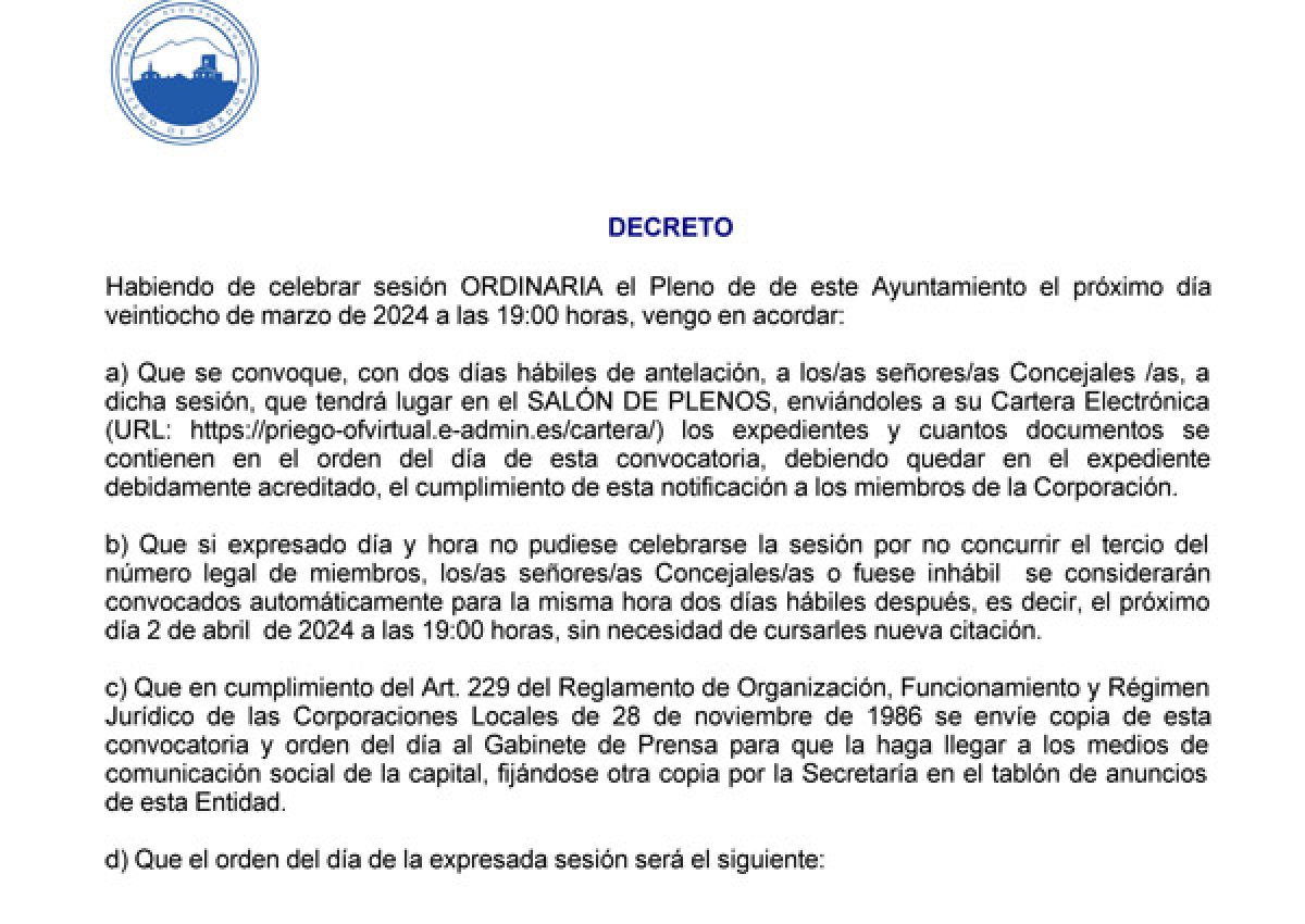 Próximo Pleno convocado para el 28 de marzo de 2024 en primera convocatoria, 02 de abril de 2024 en segunda convocatoria, Síguelo en Directo