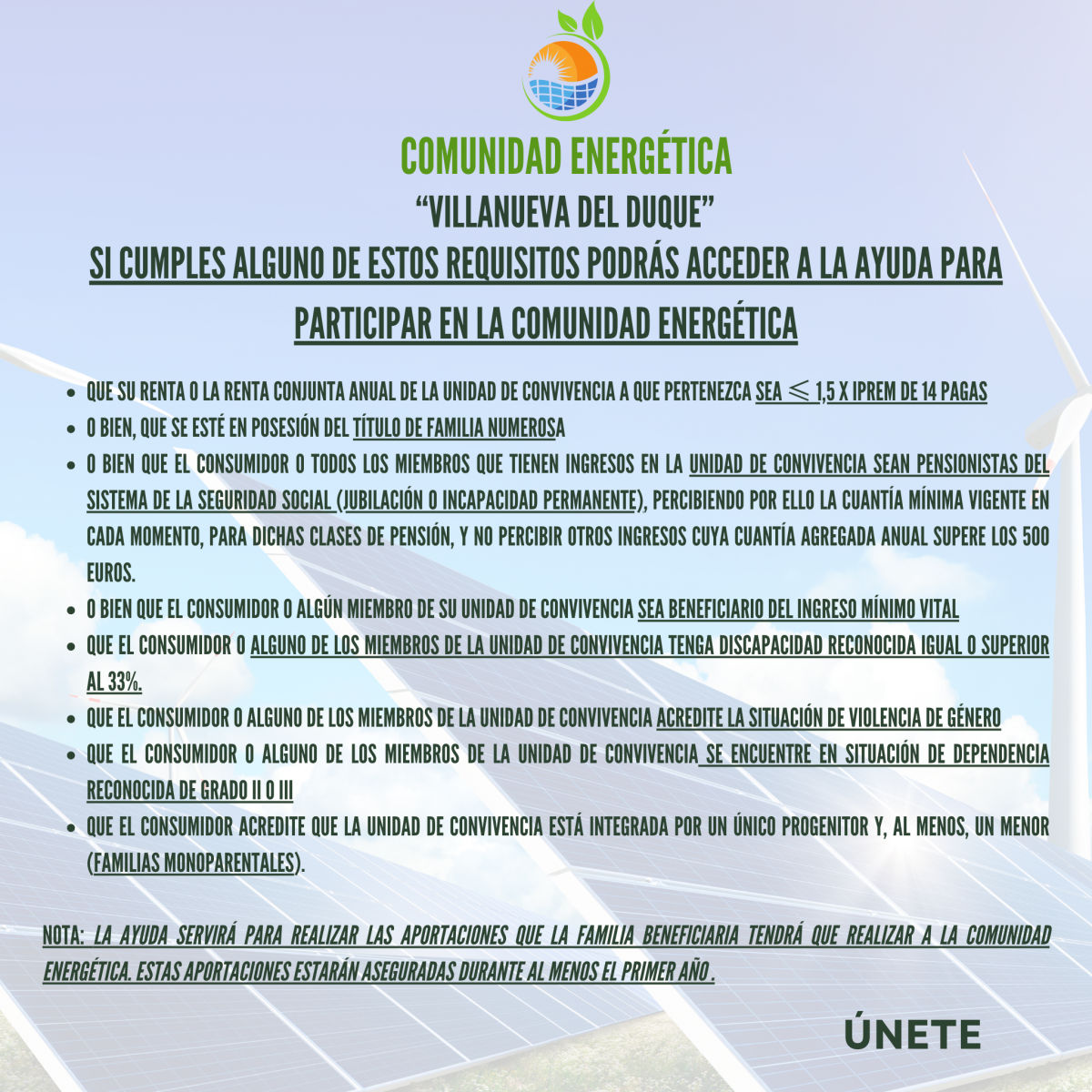 Convocatoria de Ayudas para la Creación y el Desarrollo de una Comunidad Energética en Villanueva del Duque