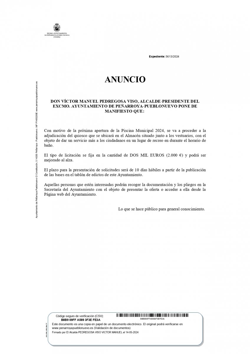 Anuncio de Licitación del Quiosco de la Piscina Municipal 2024 en Peñarroya-Pueblonuevo