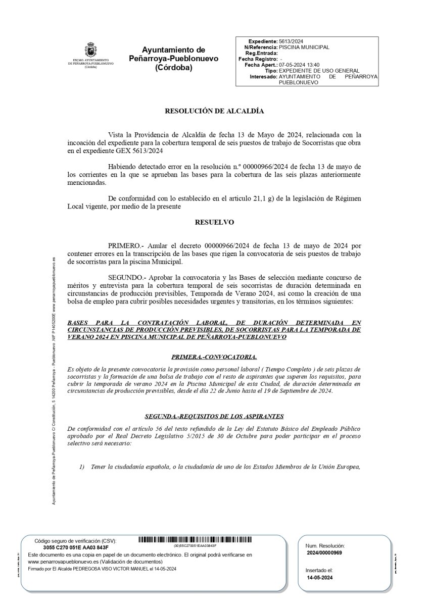 BASES PARA LA CONTRATACIÓN LABORALDE SOCORRISTAS PARA LA TEMPORADA DE VERANO 2024