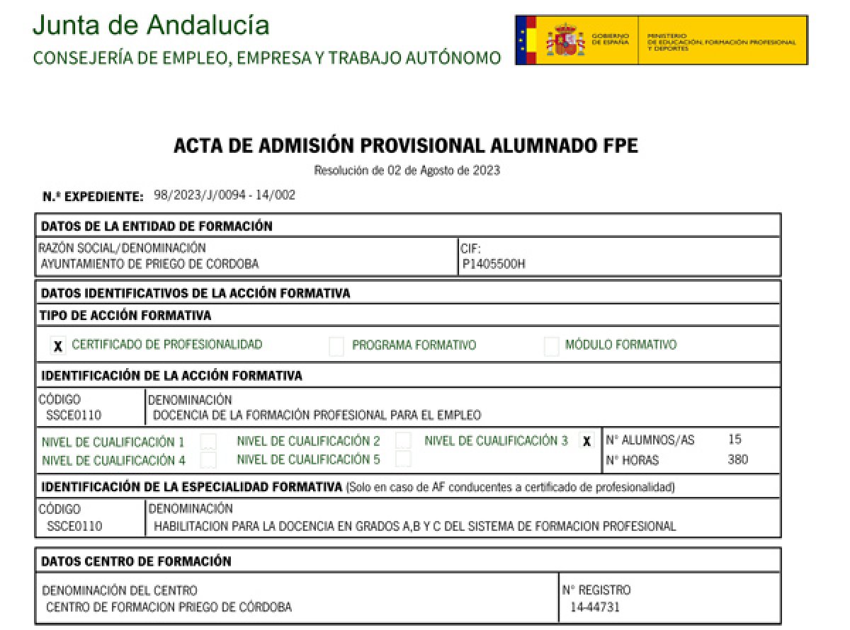 Curso Fpe Ssce0110- Docencia De La Formación Profesional Para El Empleo  Publicación Acta De  Admisión Provisional Alumnado Fpe. Plazo Alegaciones Del 12 Al 26 De Agosto 2024 (incluidos)