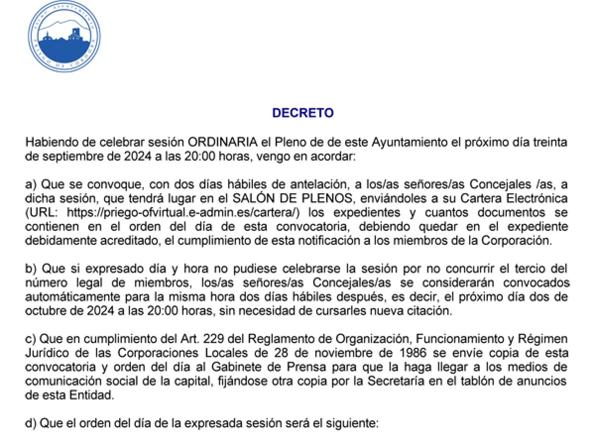 Próximo Pleno convocado para el 30 de septiembre de 2024, Síguelo en Directo