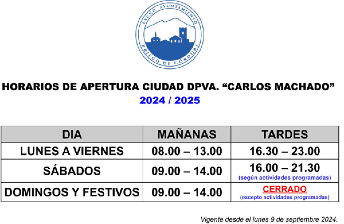 Horario de la Ciudad Deportiva «Carlos Machado» temporada otoño-invierno 2024/2025.