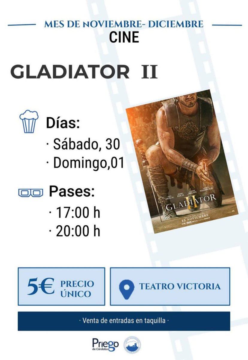 Cine Gladiator II en Teatro Victoria dias 30 de noviembre y 1 de diciembre de 2024