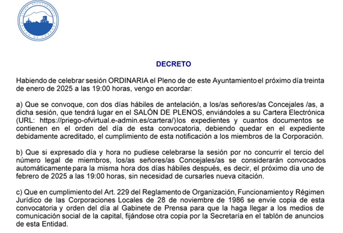 Próximo Pleno convocado para el 30 de enero de 2025, Síguelo en Directo