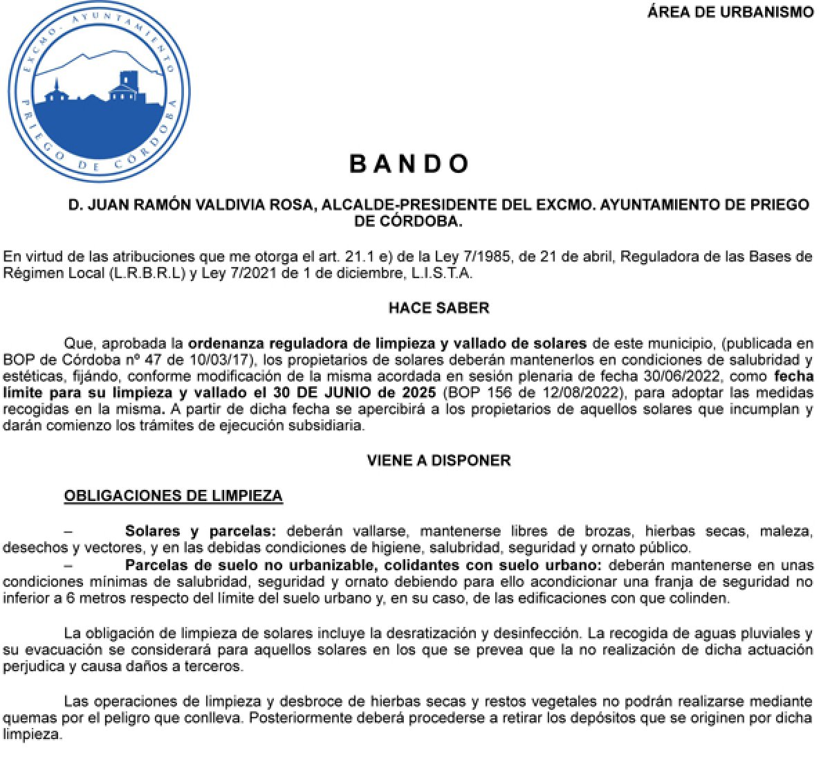Bando de Acondicionamiento Solares, Recordatorio 2025