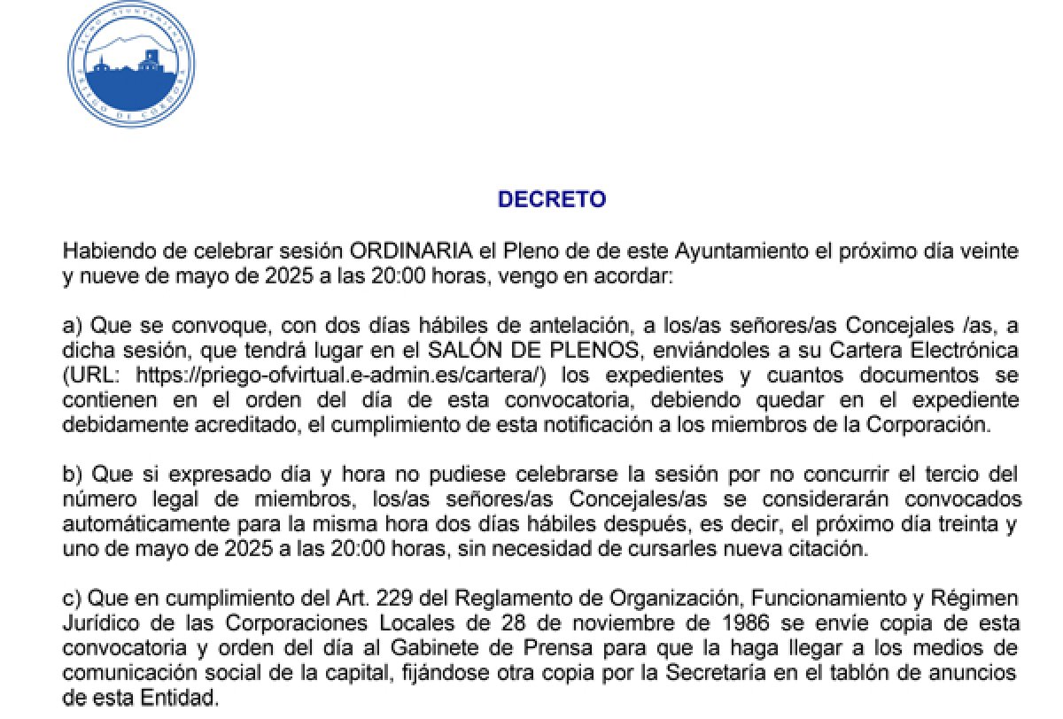Próximo Pleno convocado para el 29 de mayo de 2025, Síguelo en Directo