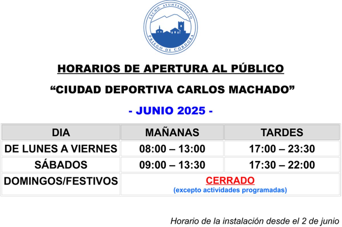 Horario de la Ciudad Deportiva «Carlos Machado» junio 2025.
