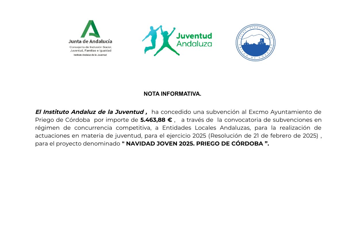 CONCEDIDA SUBVENCIÓN POR EL INSTITUTO ANDALUZ DE LA JUVENTUD