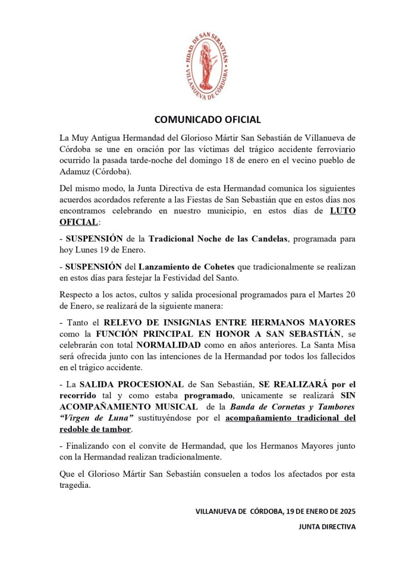 La Hermandad de San Sebastián en Villanueva de Córdoba suspende Las Candelas del Santo este Lunes y mantiene los actos litúrgicos del día 20.