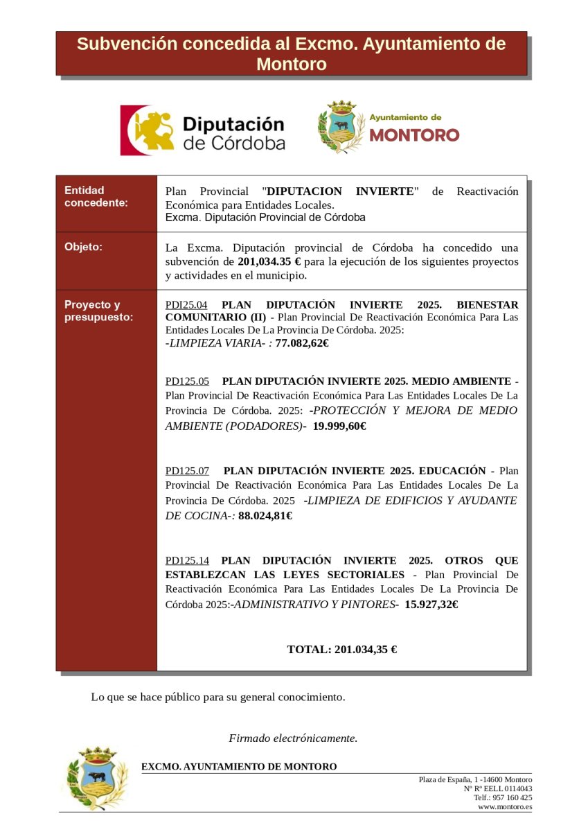 SUBVENCIÓN DIPUTACIÓN DE CÓRDOBA. INVIERTE 2025