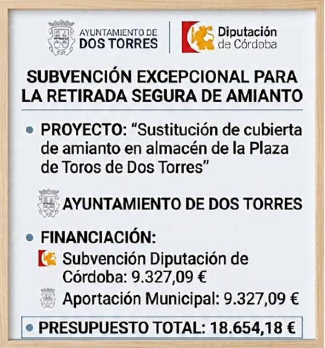 Dos Torres retira amianto de la nave de la plaza de toros y cubrirá con teja; subv. 9.327,09 €