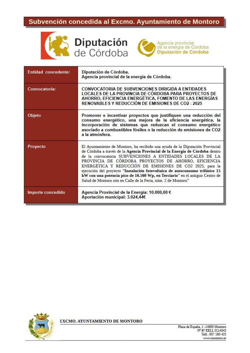 SUBVENCION CONCEDIDA AGENCIA PROVINCIAL DE LA ENERGIA: PROYECTOS DE AHORRO, EFICIENCIA ENERGETICA, FOMENTO DE LAS ENERGIAS RENOVABLES Y REDUCCION DE EMISIONES DE CO2 EJERCICIO 2025