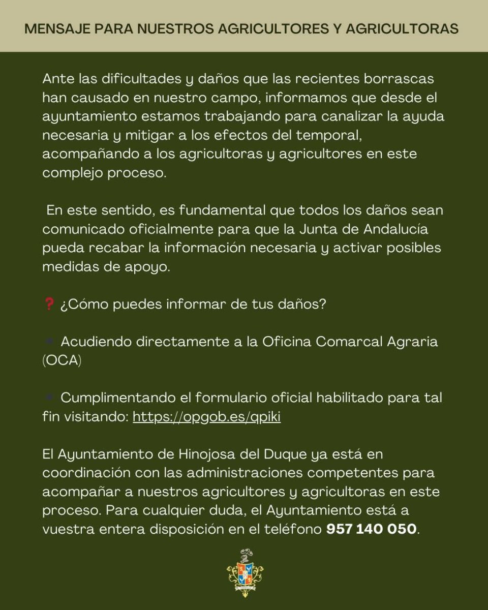 Hinojosa del Duque pide a agricultores notificar daños por borrascas para tramitar ayudas