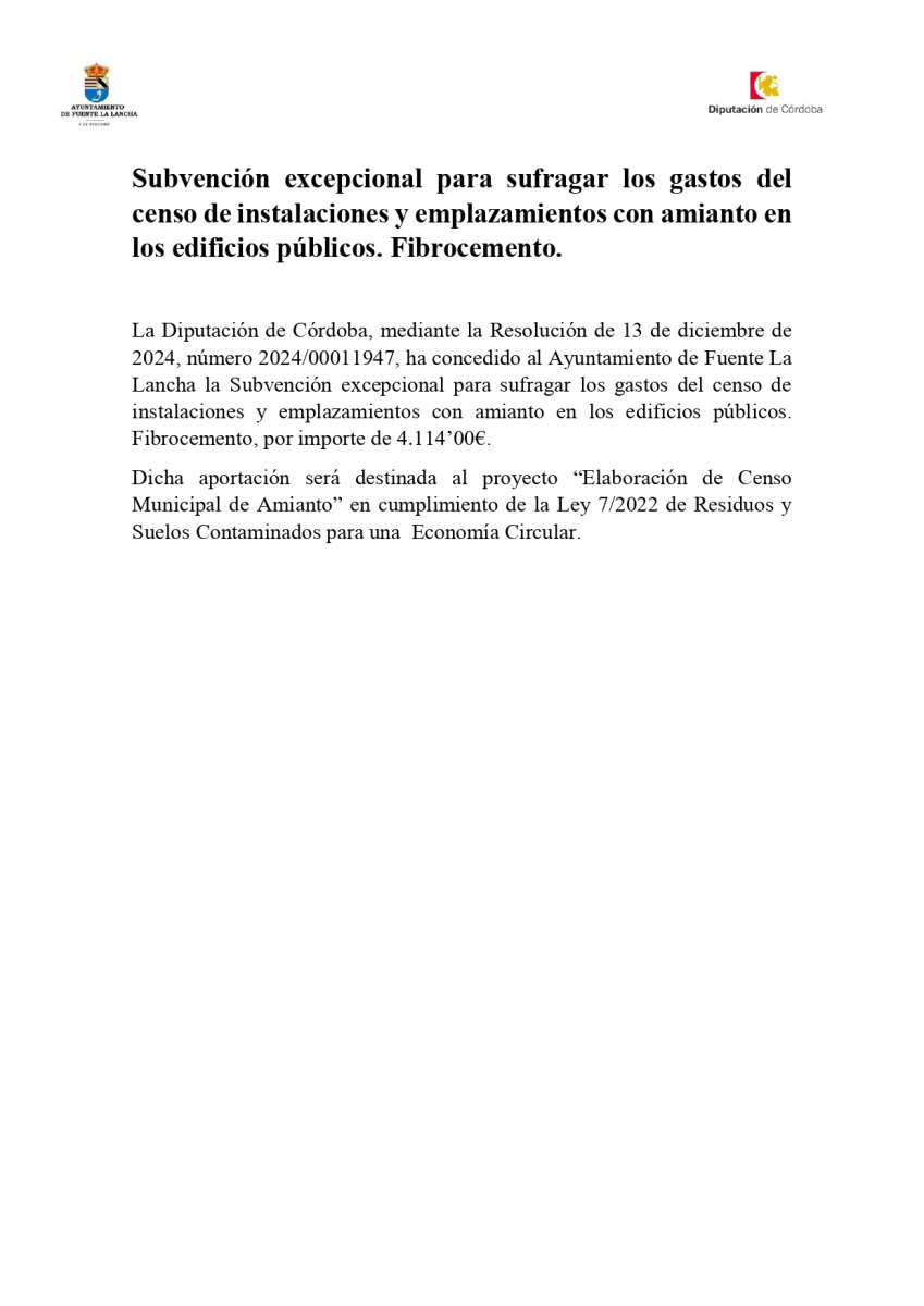 SUBVENCIÓN ELABORACIÓN CENSO MUNICIPAL DE AMIANTO