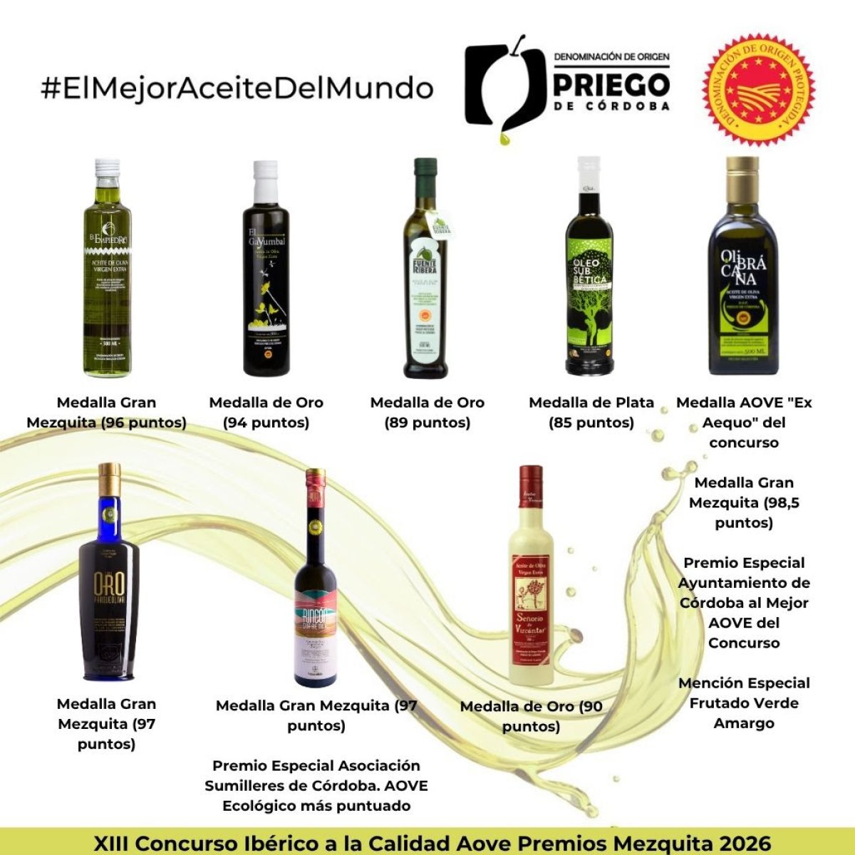 DOP Priego de Córdoba logra ocho premios en Premios Mezquita 2026; Olibrácana, premiada