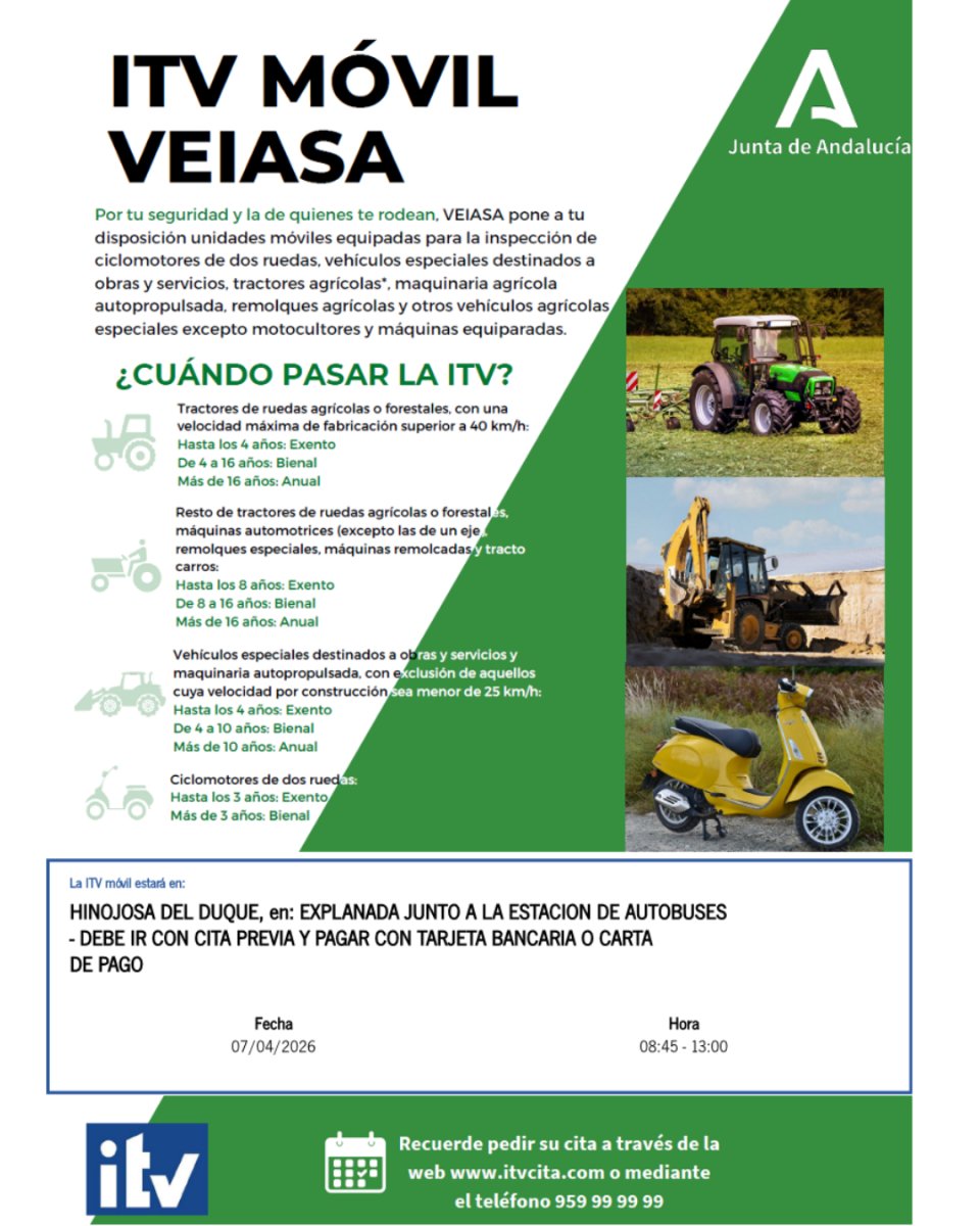 ITV móvil de VEIASA en Hinojosa del Duque: revisión para ciclomotores y agrícolas, 7/4, cita previa