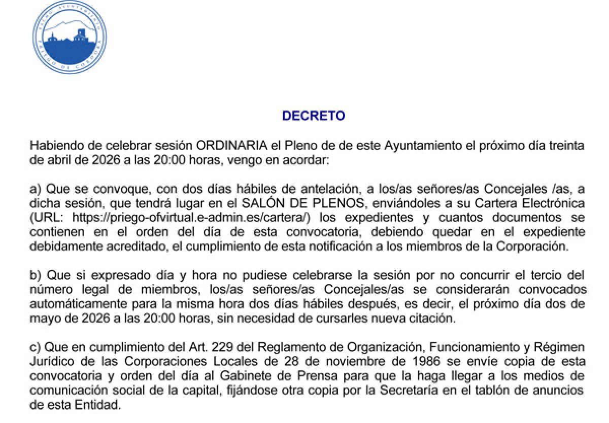 Próximo Pleno convocado para el 30 de abril de 2026, Síguelo en Directo