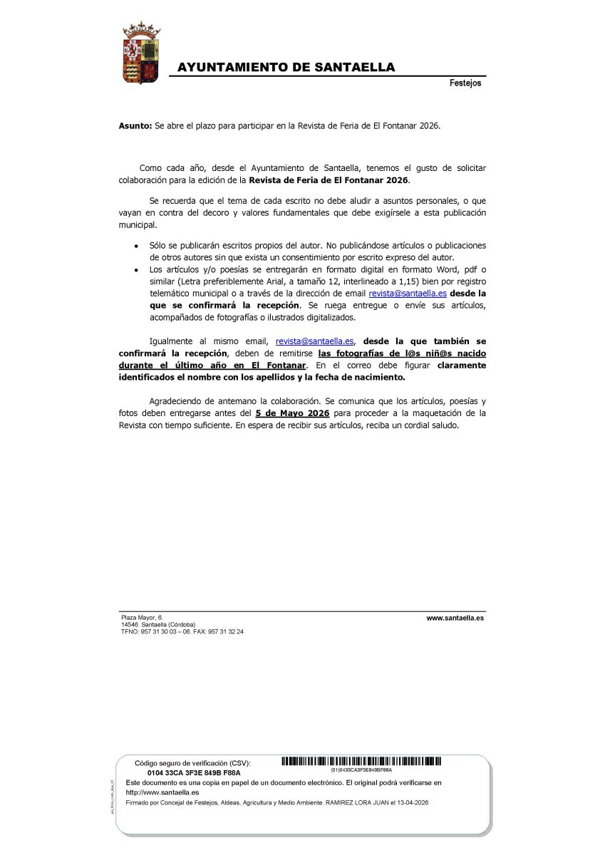 Convocatoria: envía artículos, poesías y fotos para la revista municipal antes del 5/5/2026