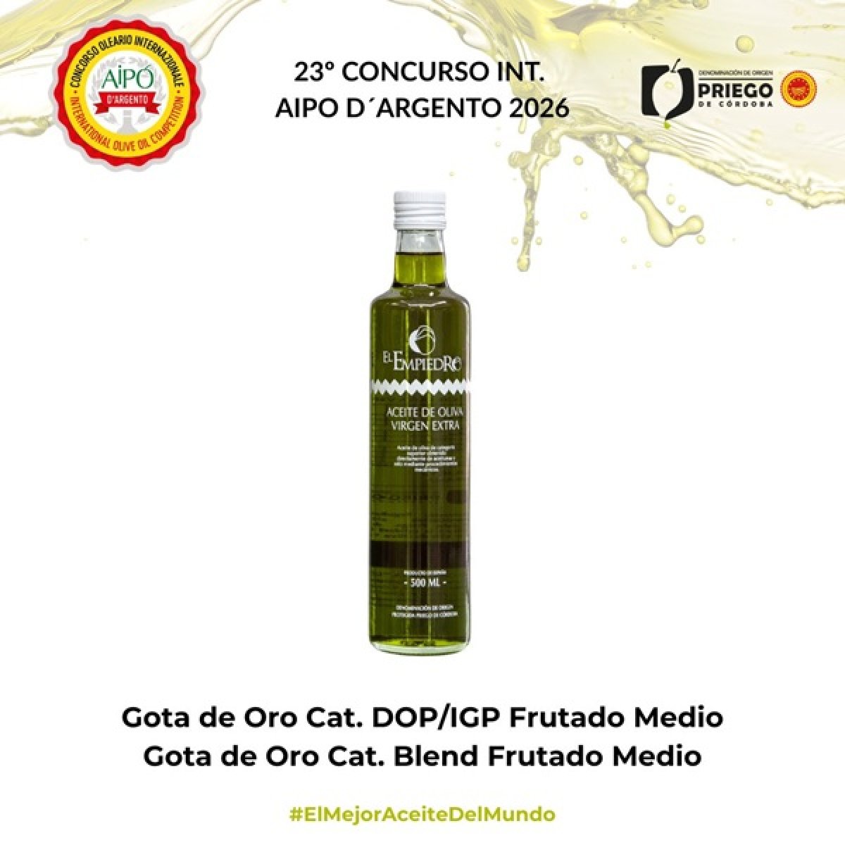 El Empiedro (D.O.P. Priego de Córdoba) logra dos Gotas de Oro en AIPO d'Argento 2026